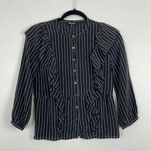 Madewell 100% Silk Blouse Top Size XS Black White Ruffle Neck Whimsigoth